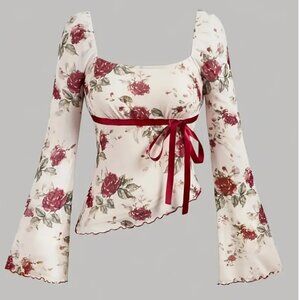 Elegant Floral Print Bell Sleeve T-Shirt with Bow Detail - Square Neck